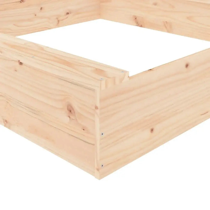 Square wooden sandbox made of solid pine with bottomless design and natural finish