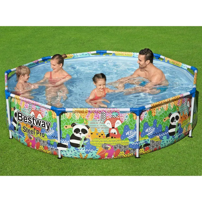 Family in Bestway Steel Pro Max pool with colorful animal print on grass
