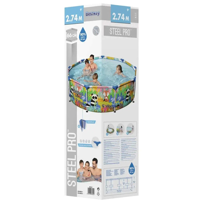 Bestway Steel Pro Max kids' swimming pool with colorful animal design on retail box