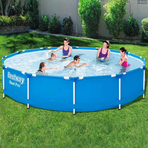 Bestway Steel Pro round frame pool 366 x 76 cm with kids and adults in a backyard