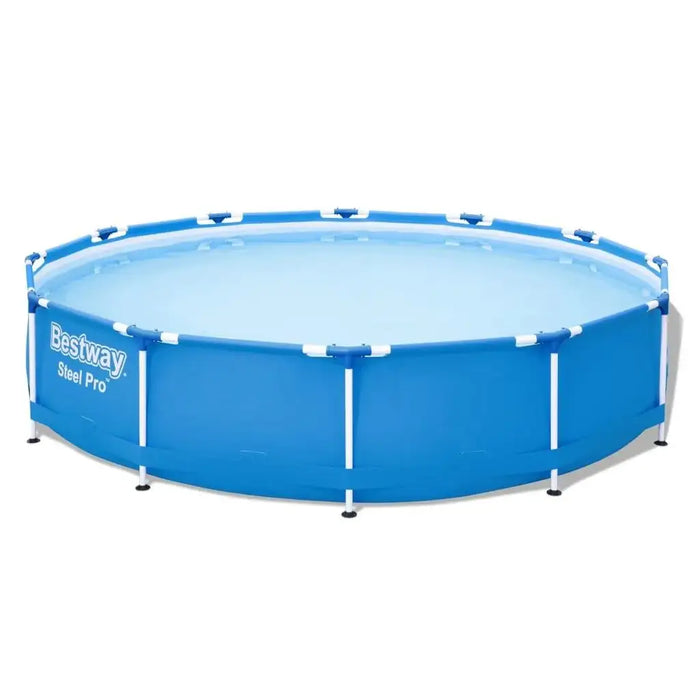 Bestway Steel Pro round frame pool with blue Tritech walls, filled with water.