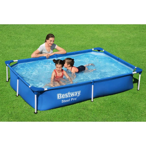 Rectangular Bestway Steel Pro swimming pool with two children and an adult on green grass