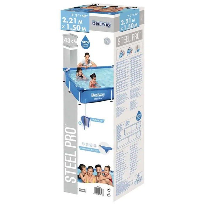 Bestway Steel Pro swimming pool box 2.21m x 1.50m, product details and family photo
