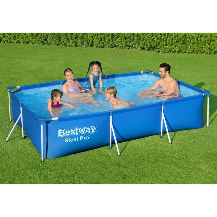 Family with kids enjoying Bestway Steel Pro rectangular above ground swimming pool outdoors