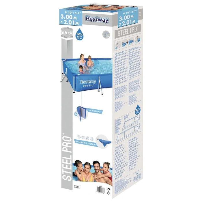 Bestway Steel Pro swimming pool 300x201x66cm box with product features and family image