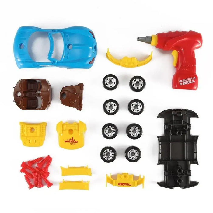 Take apart toy racing car STEM construction set with electric drill, wheels, parts
