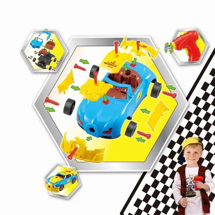 Take apart STEM toy racing car with drill, colorful parts, and smiling child on checkered background