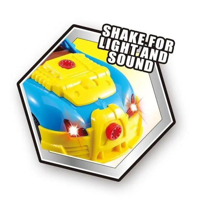 Blue and yellow toy racing car with lights and text 'Shake for light and sound'.