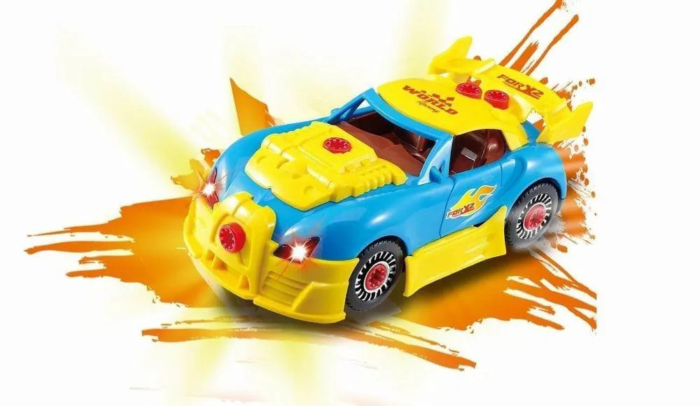Blue and yellow toy racing car with lights on, shown on a white and orange background splash.