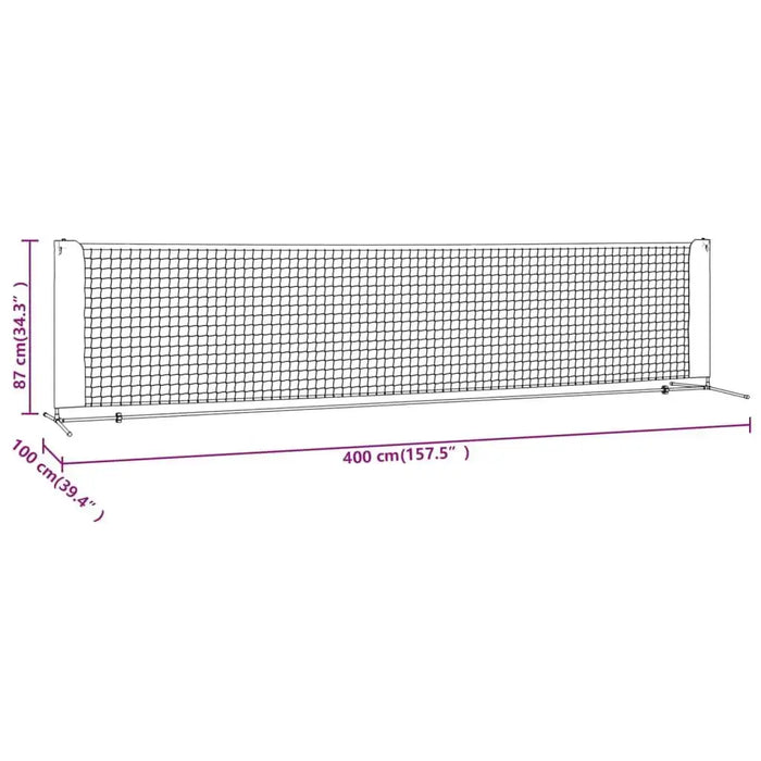 4m steel frame tennis net with UV-resistant polyester and carry bag, product dimensions shown