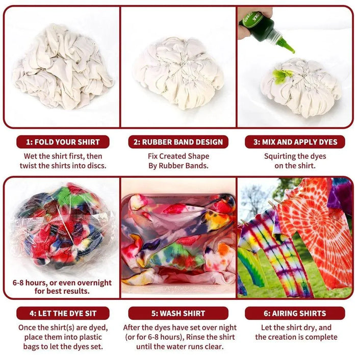 Step-by-step tie dye kit instructions with shirts, rubber bands, dyes, and colorful results