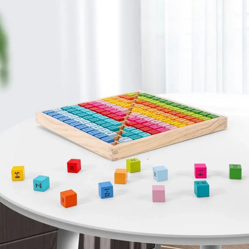Colorful wooden multiplication grid blocks set on a table for kids' math learning