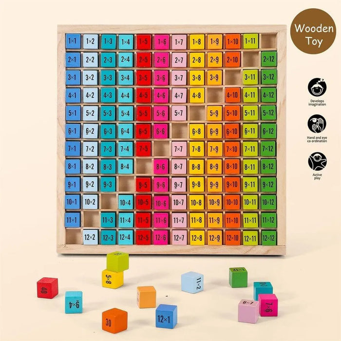 Wooden multiplication times table learning blocks set with colorful numbered cubes in a grid