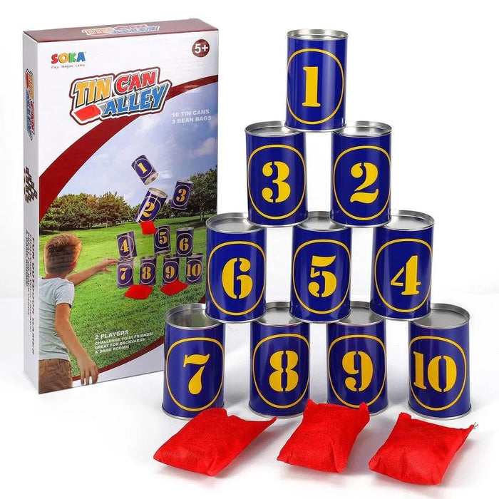 Traditional tin can alley game set with 10 numbered cans, 3 red beanbags, and packaging box.