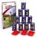 Traditional tin can alley game set with 10 numbered cans, 3 red beanbags, and packaging box.
