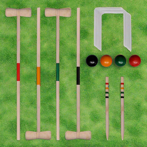 Traditional wooden croquet set with mallets, balls, hoops, and stakes on green grass