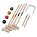 Traditional wooden croquet set with four mallets, colored balls, stakes, and a metal hoop