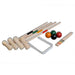 Traditional wooden croquet set with four mallets, colored balls, metal hoops, and stakes