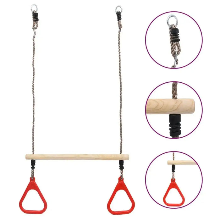 Trapeze swing bar with red rings, solid pinewood, and ropes, shown with close-up details