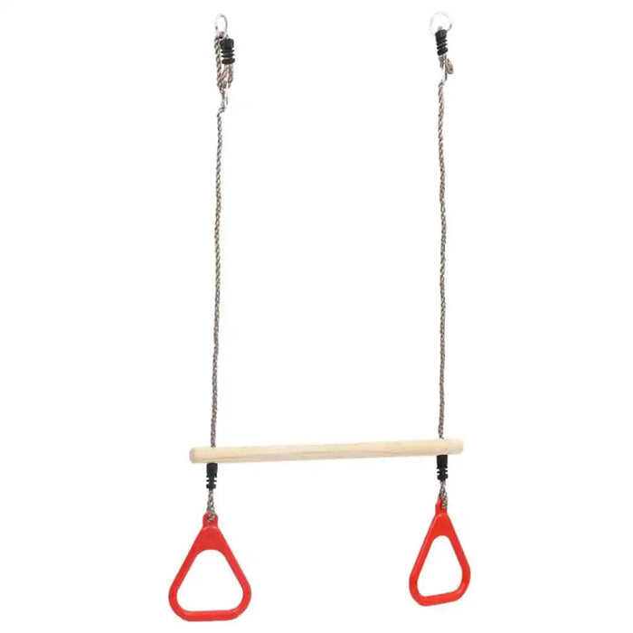 Trapeze swing bar with red rings and wooden bar hanging on ropes for kids