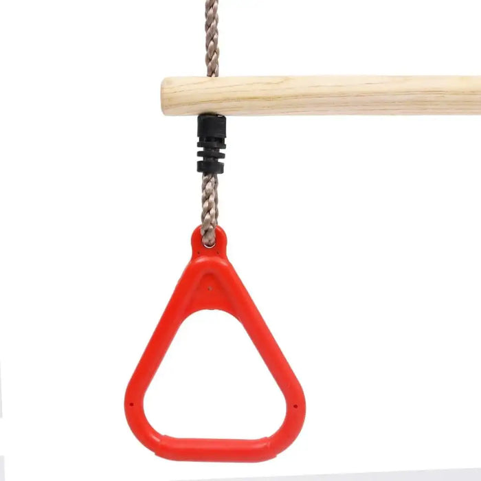 Trapeze swing bar with red plastic ring, solid pinewood and rope, playground equipment