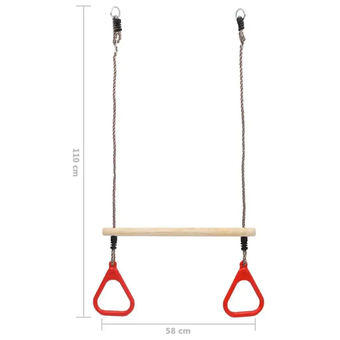 Trapeze swing bar with red rings, pinewood bar, 110 cm height, 58 cm width