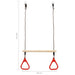 Trapeze swing bar with red rings, pinewood bar, 110 cm height, 58 cm width