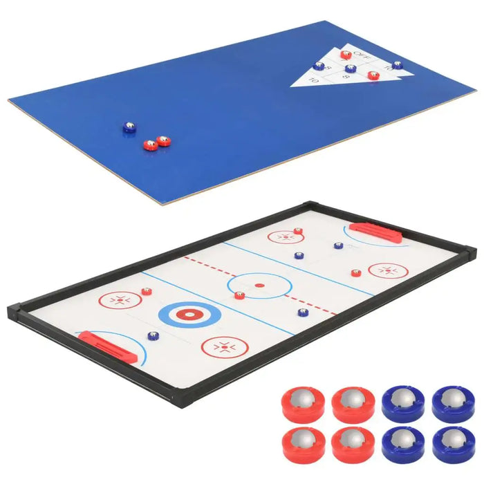 Multi-game table with blue curling board, air hockey board, and red and blue puck pieces