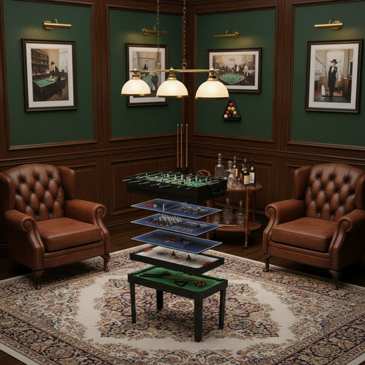 15-in-1 black multi game table in a classic game room with leather chairs and framed art