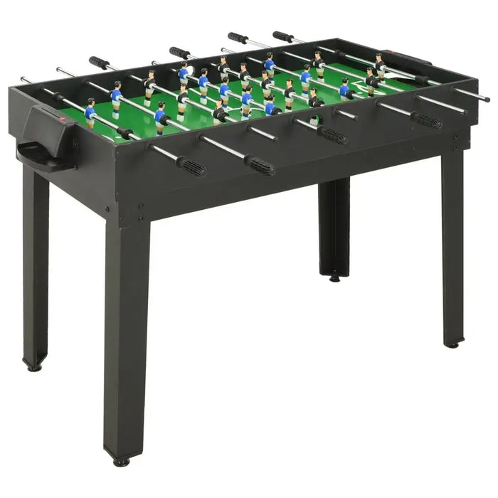 Black foosball table with green field, player figures, and sturdy legs for home entertainment