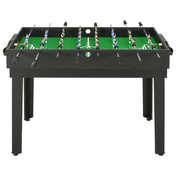 Black 15-in-1 multi-game foosball table with green playing surface and sturdy legs