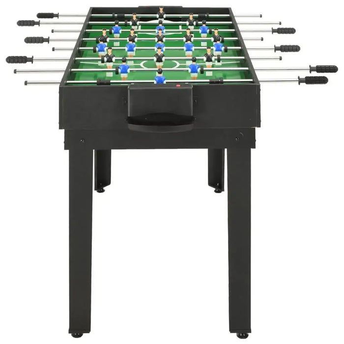 Black 15-in-1 multi game table with foosball setup, green playfield, sturdy legs