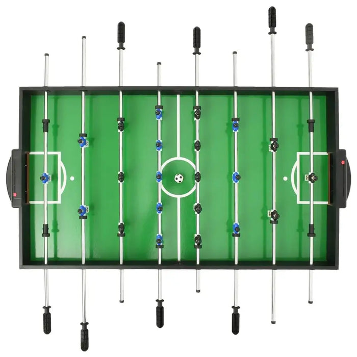 15-in-1 black multi game table with foosball setup, green soccer playfield and rods