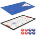 Multi-game table with blue shuffleboard, air hockey board, and red and blue pucks.