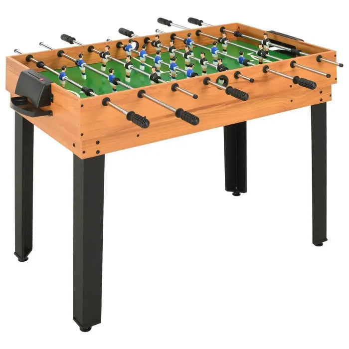 Maple multi-game foosball table with metal legs, green playfield, and black handles