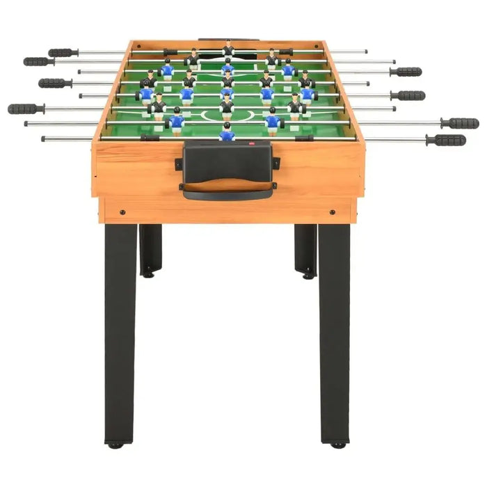 Maple foosball table with black legs and blue player figures, multi game table