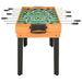 Maple foosball table with black legs and blue player figures, multi game table