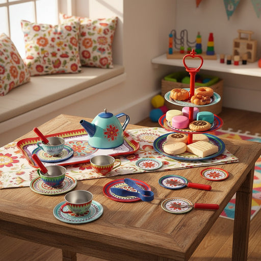 Vintage style afternoon tea set toy with cups, teapot, and play treats on a wooden table.