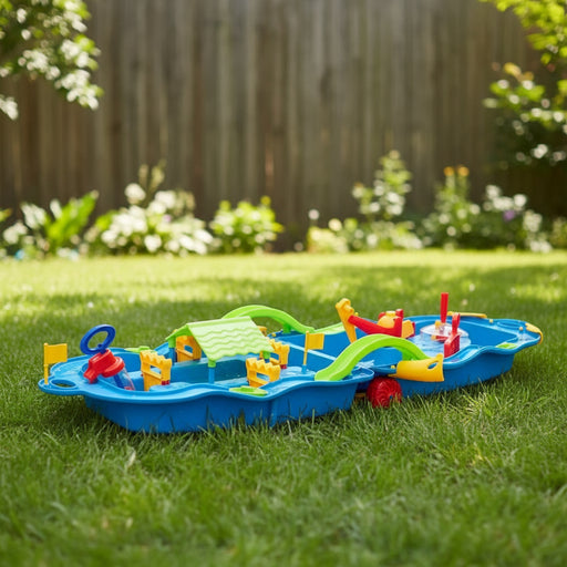 Colorful outdoor water and sand play table set on grass, sensory activity toy for kids