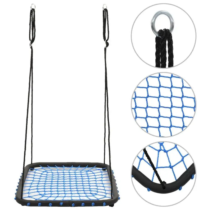 Blue web garden swing seat with adjustable black ropes and metal hooks, close-up views
