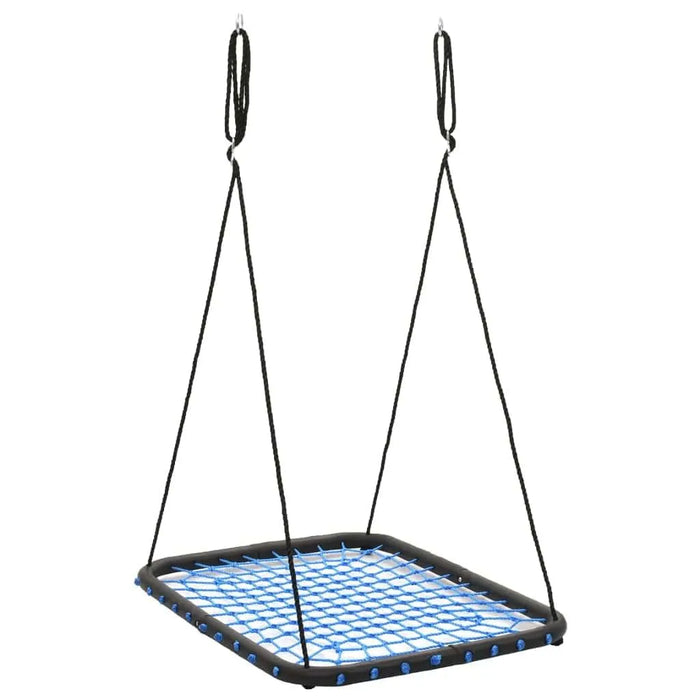 Blue square web garden swing seat with adjustable black ropes and hooks