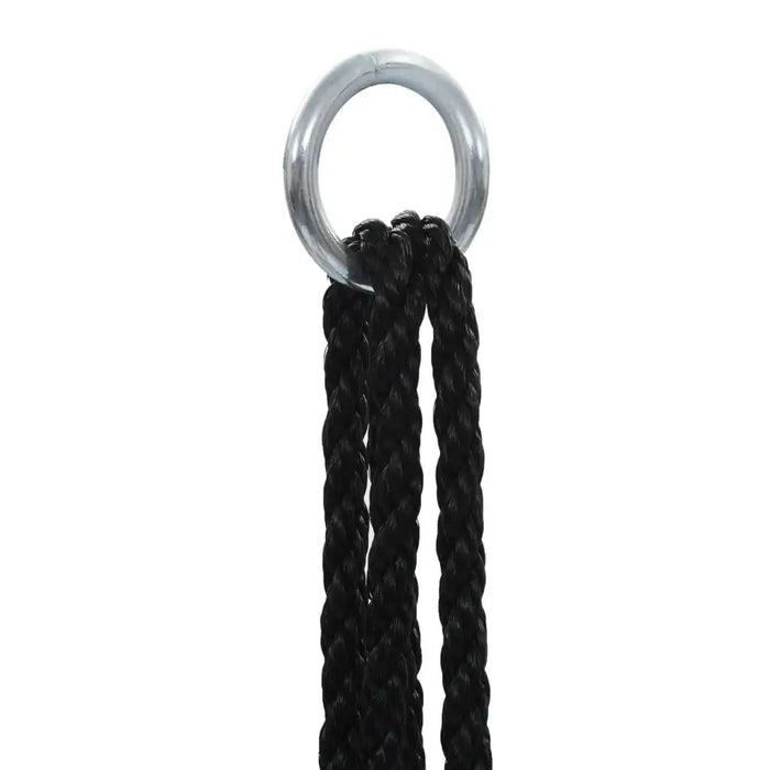 Close-up of black swing ropes with metal ring for adjustable garden swing seat