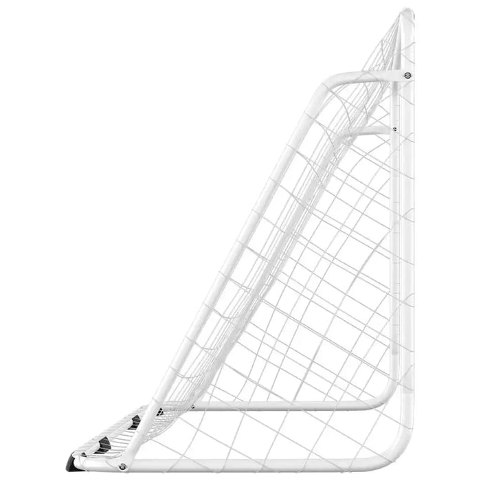 White metal football goal with weather-resistant net on a plain white background