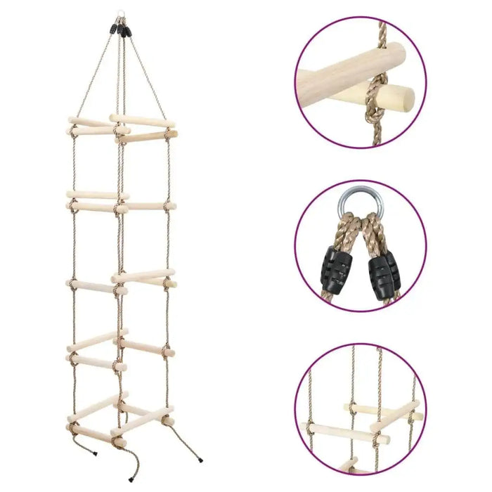 Wooden 4-sided rope ladder with 5 solid pine steps and PE rope, close-up construction details