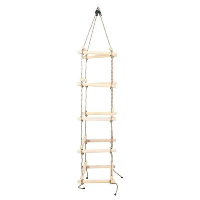 Wooden 4-sided rope ladder with 5 pine steps and PE rope, hanging on a white background.