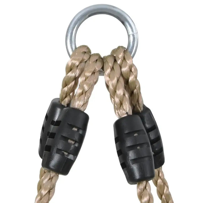 Close-up of thick tan PE rope with black plastic connectors and metal ring for ladder hanging