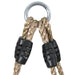 Close-up of thick tan PE rope with black plastic connectors and metal ring for ladder hanging