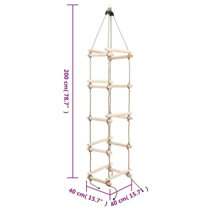 Wooden 4-sided rope ladder with 5 solid pine steps, 200x40x40 cm, hanging vertically