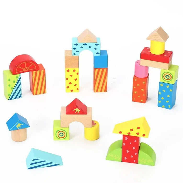 Colorful wooden building blocks for babies, arranged in playful structures on a white background.
