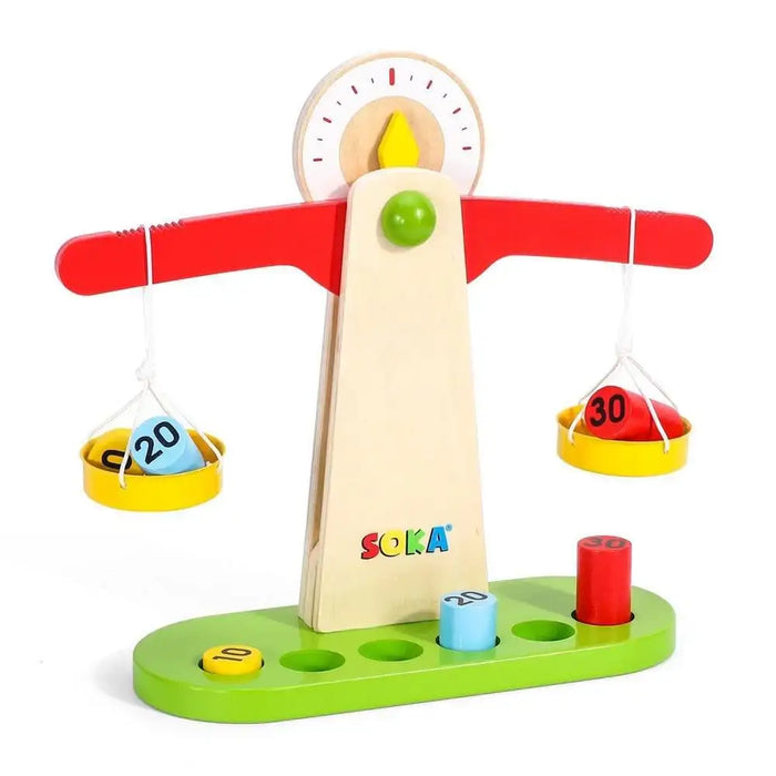 Wooden Montessori balancing toy weighing scale with colorful numbers and weights by SOKA